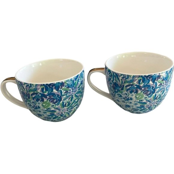 Lilly Pulitzer “Lion Around” Blue Print Mug Gold Handle set Of 2 - Picture 2 of 8